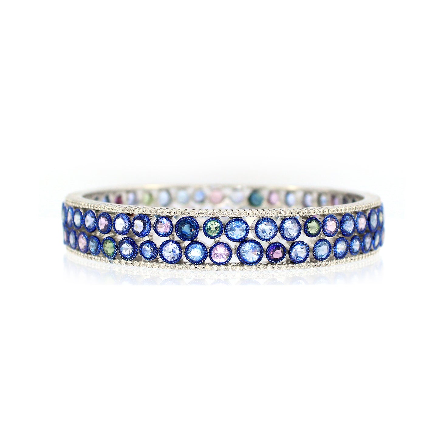 18K White Gold Multi color round  Sapphire Bangle
