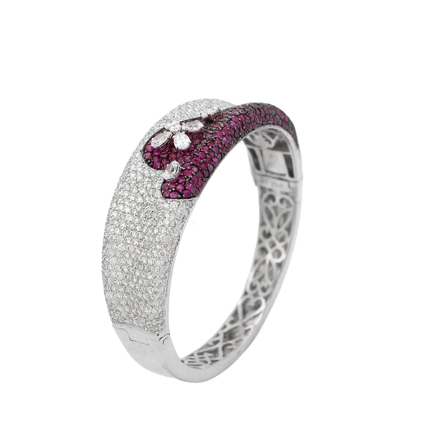18K Gold White Diamond Ruby Floral Bangle