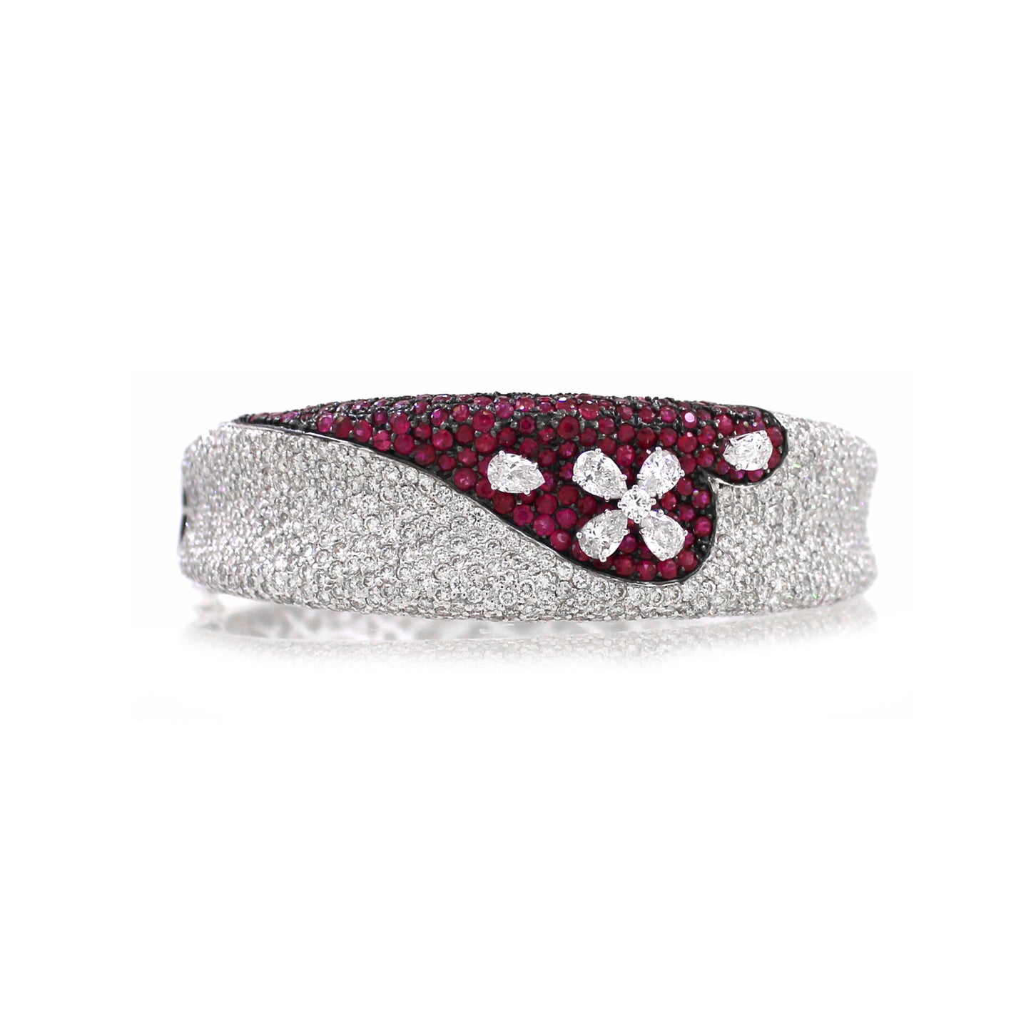 18K Gold White Diamond Ruby Floral Bangle
