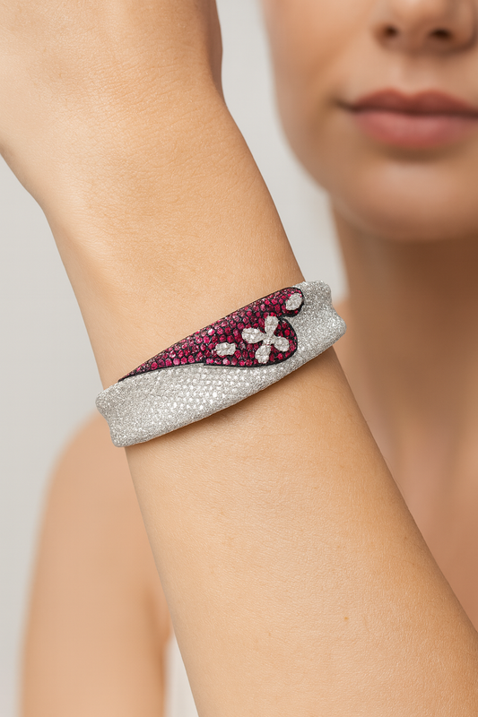 18K Gold White Diamond Ruby Floral Bangle