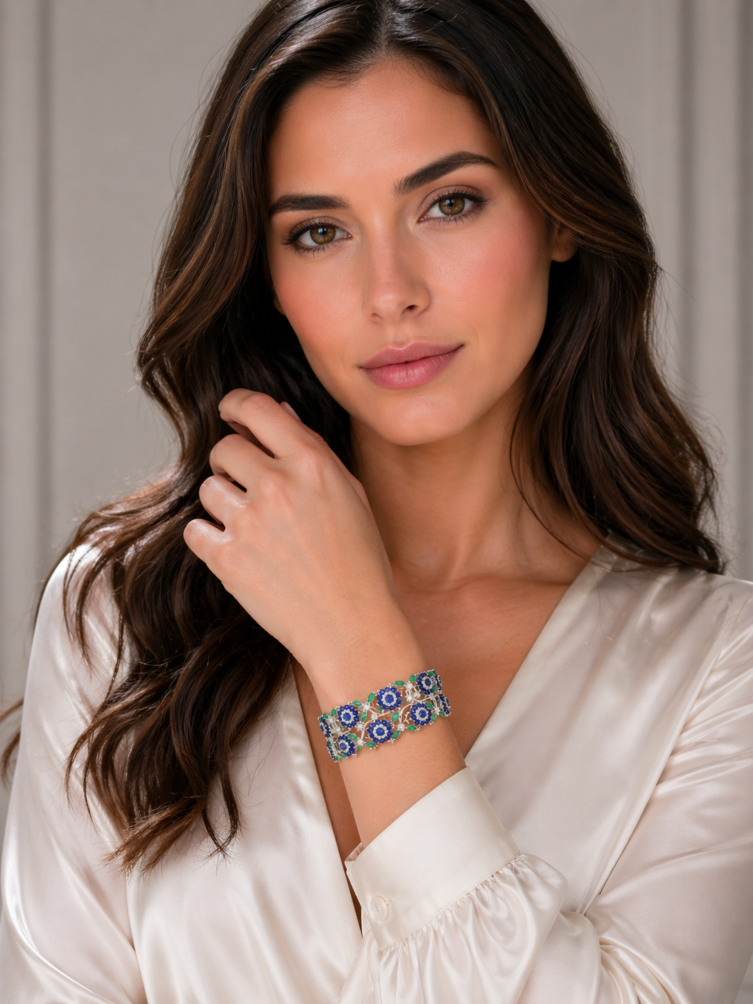 14K White Gold Emerald Sapphire Floral Bracelet