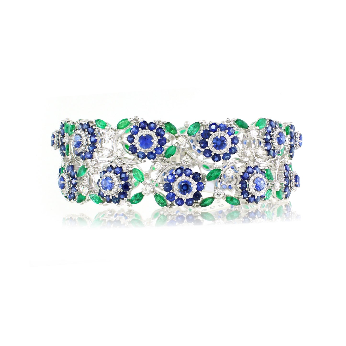 14K White Gold Emerald Sapphire Floral Bracelet
