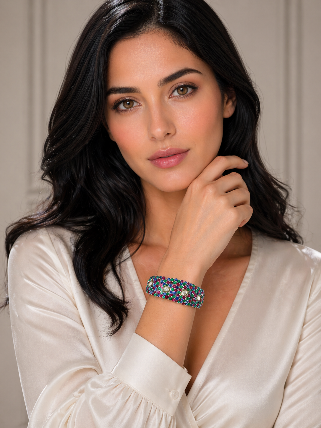 14K Emerald Ruby Sapphire Floral Bracelet