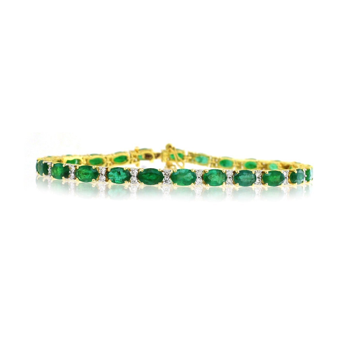 14K Gold Ovsl Emerald and White Diamond Tennis Bracelet