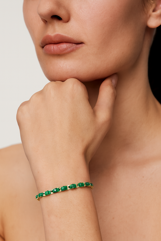 14K Gold Ovsl Emerald and White Diamond Tennis Bracelet