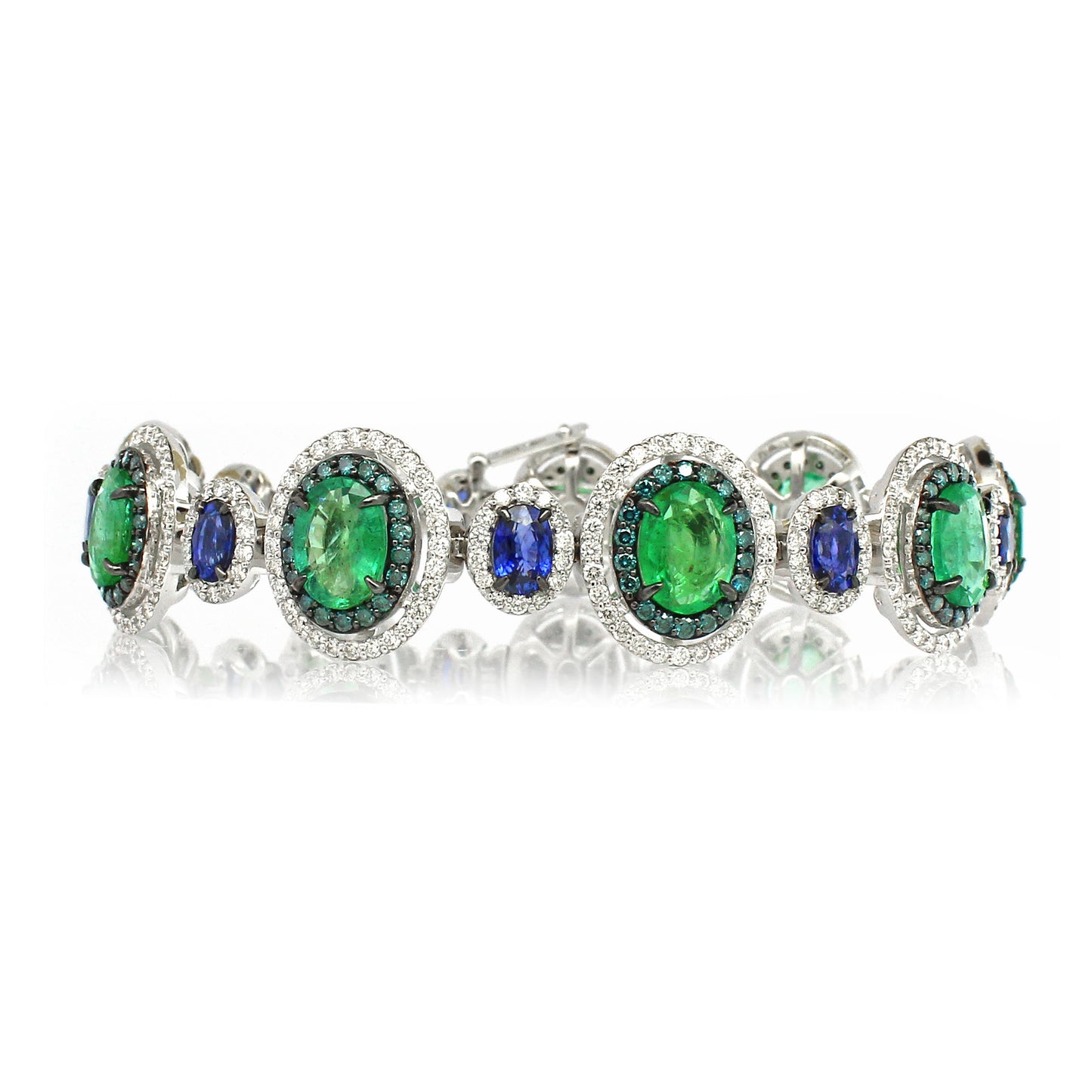 18K Gold Oval Sapphire Emerald Halo Bracelet