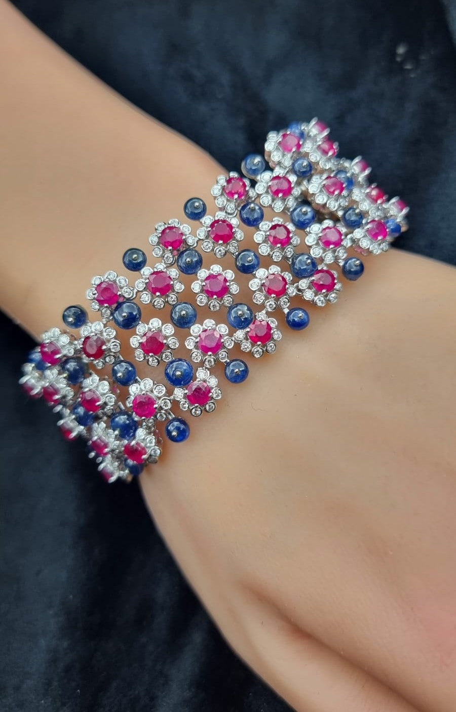 14K White Gold Ruby and Sapphire Floral Bracelet