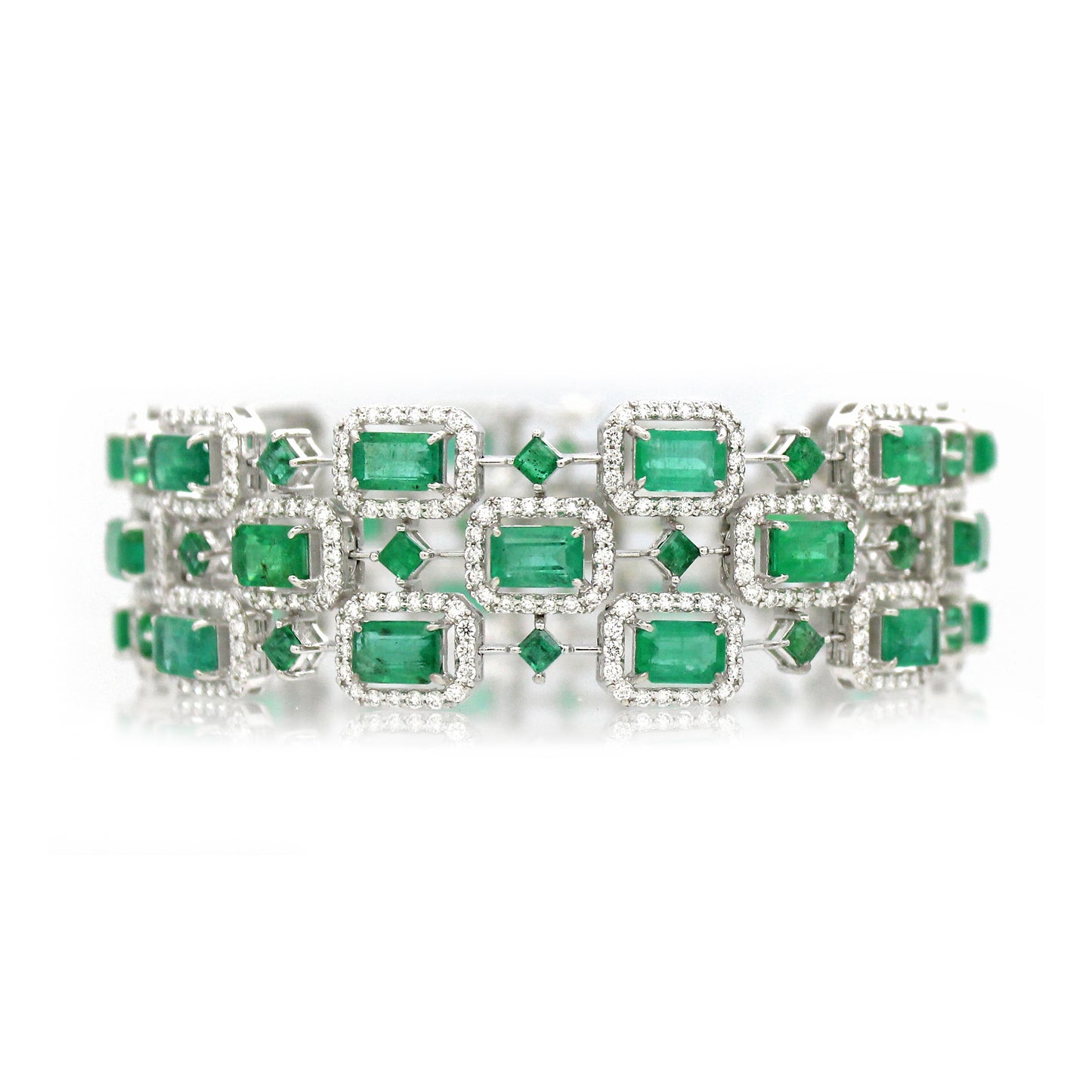 14K White Gold 3 Row Emerald  Bracelet