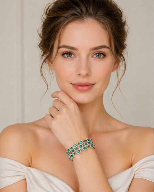 14K White Gold 3 Row Emerald  Bracelet