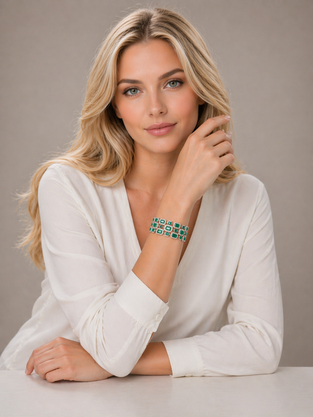 14K White Gold 3 Row Emerald  Bracelet