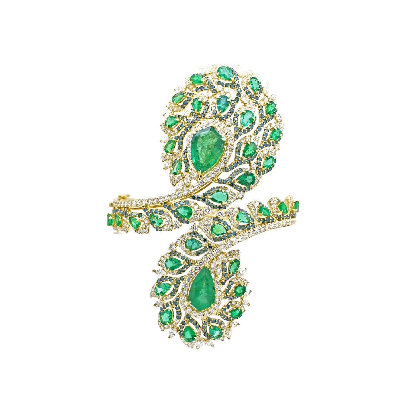 18K Gold Emerald & Diamond Floral Bracelet – Blue & Rose Cut Diamond Statement Design
