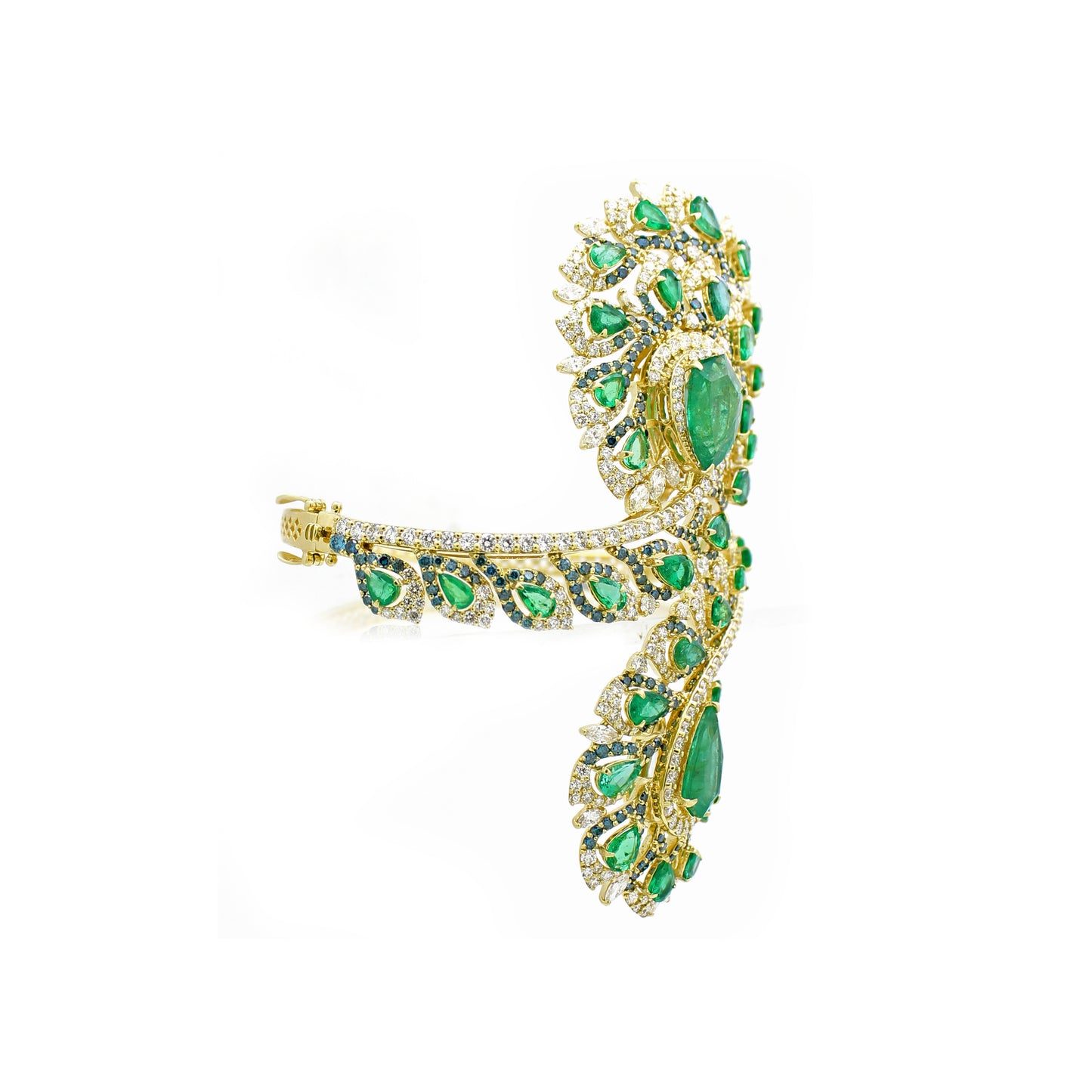 18K Gold Emerald & Diamond Floral Bracelet – Blue & Rose Cut Diamond Statement Design