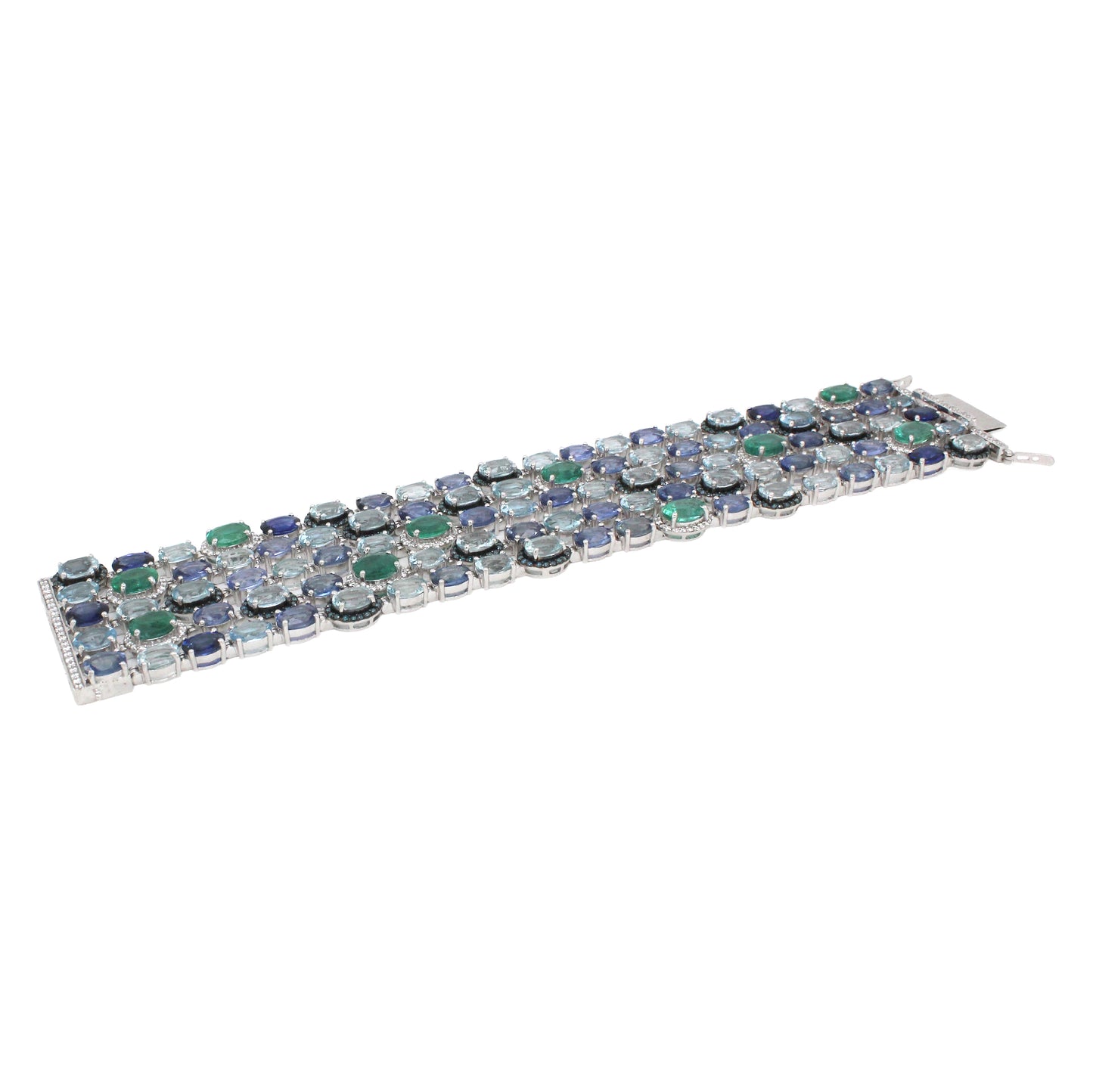 18K Gold Designer 5 row Bracelet featuring Aquamarine, Sapphire and Emerald