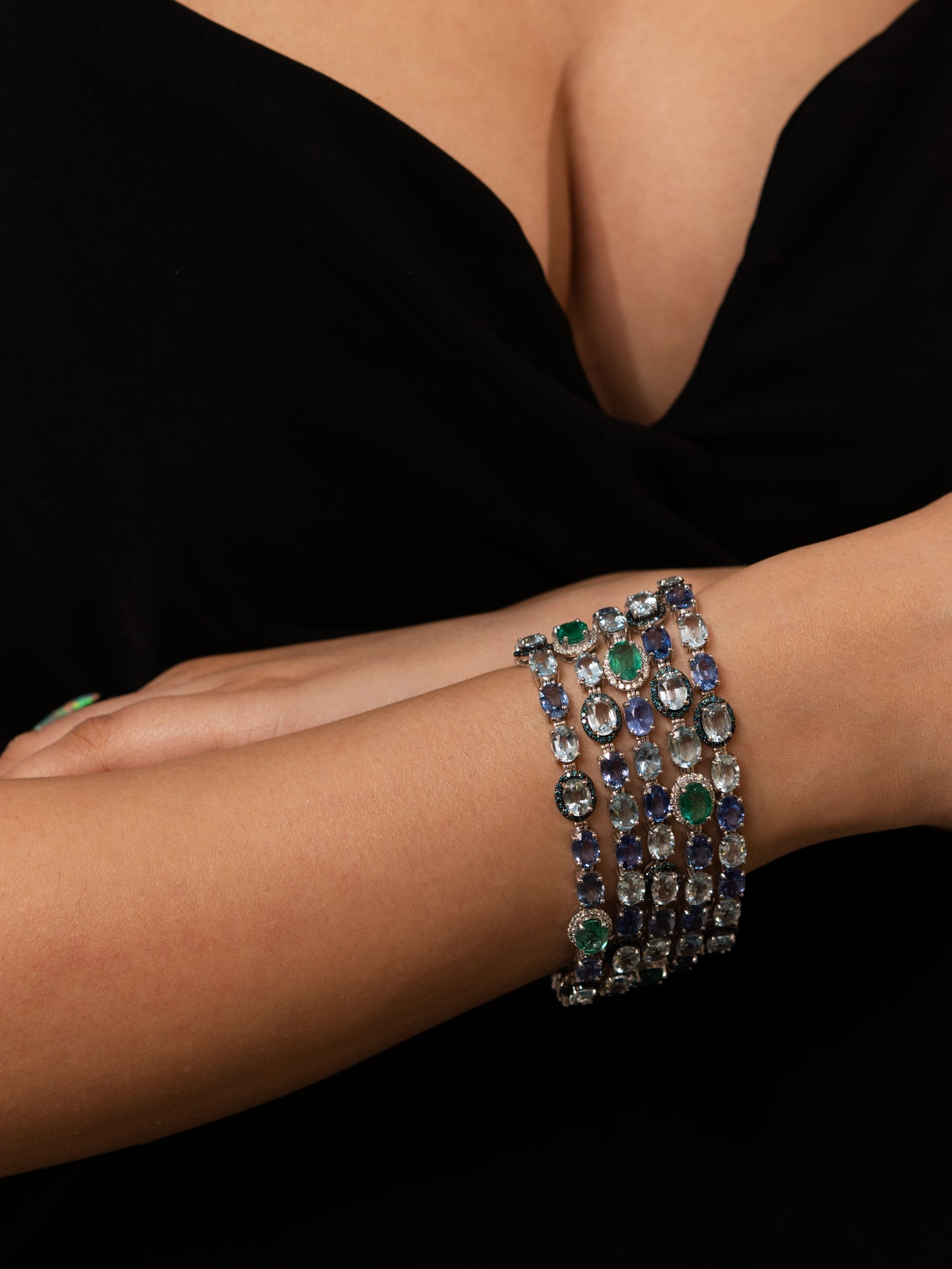 18K Gold Designer 5 row Bracelet featuring Aquamarine, Sapphire and Emerald