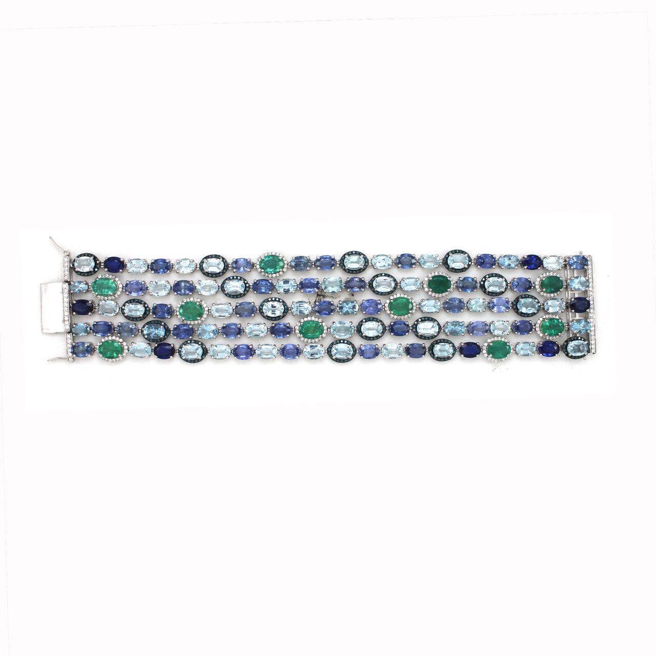 18K Gold Designer 5 row Bracelet featuring Aquamarine, Sapphire and Emerald