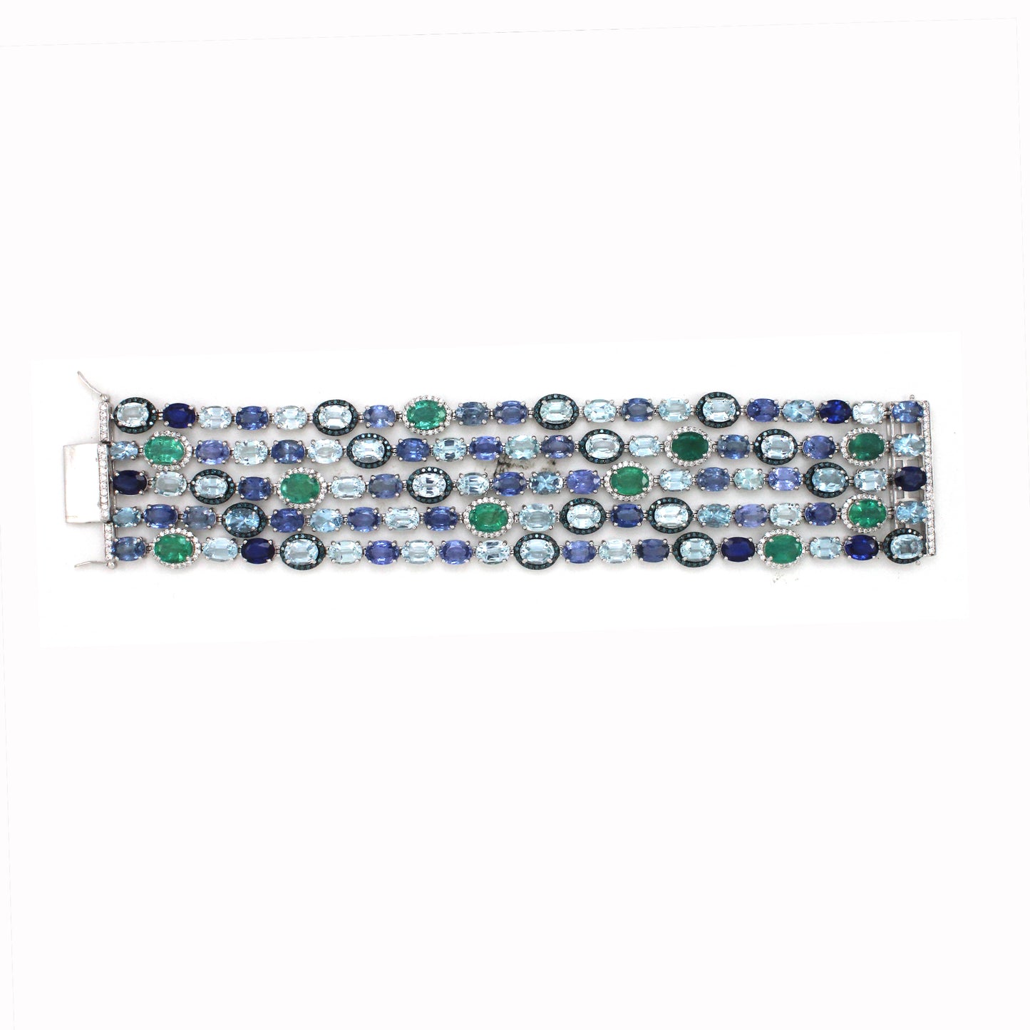 18K Gold Designer 5 row Bracelet featuring Aquamarine, Sapphire and Emerald