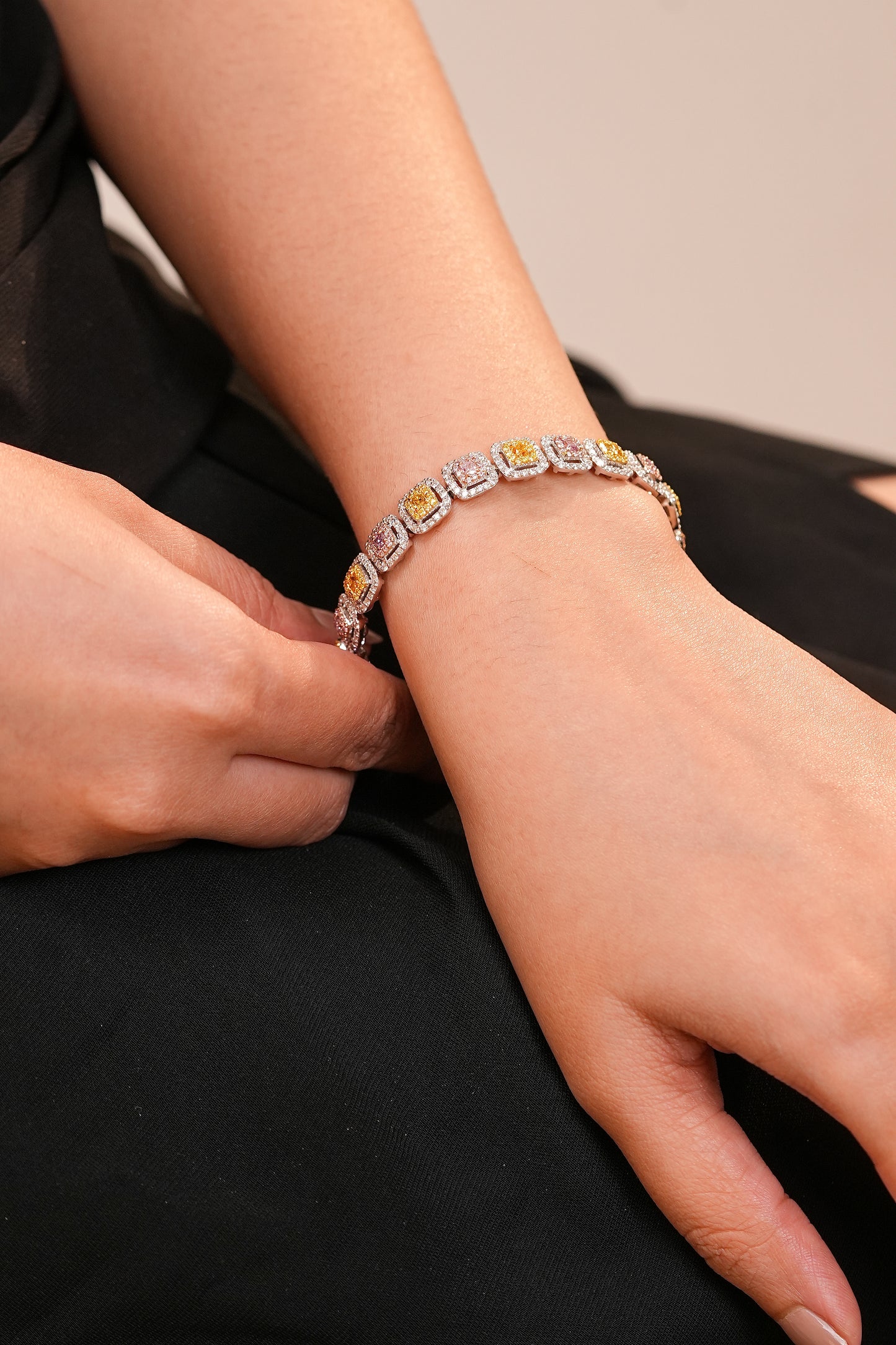 Cushion Shape Pink And Yellow Diamond Bracelet