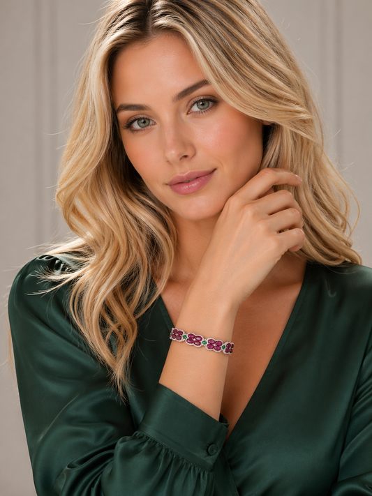 18K White Diamond Ruby Emerald Floral Bracelet