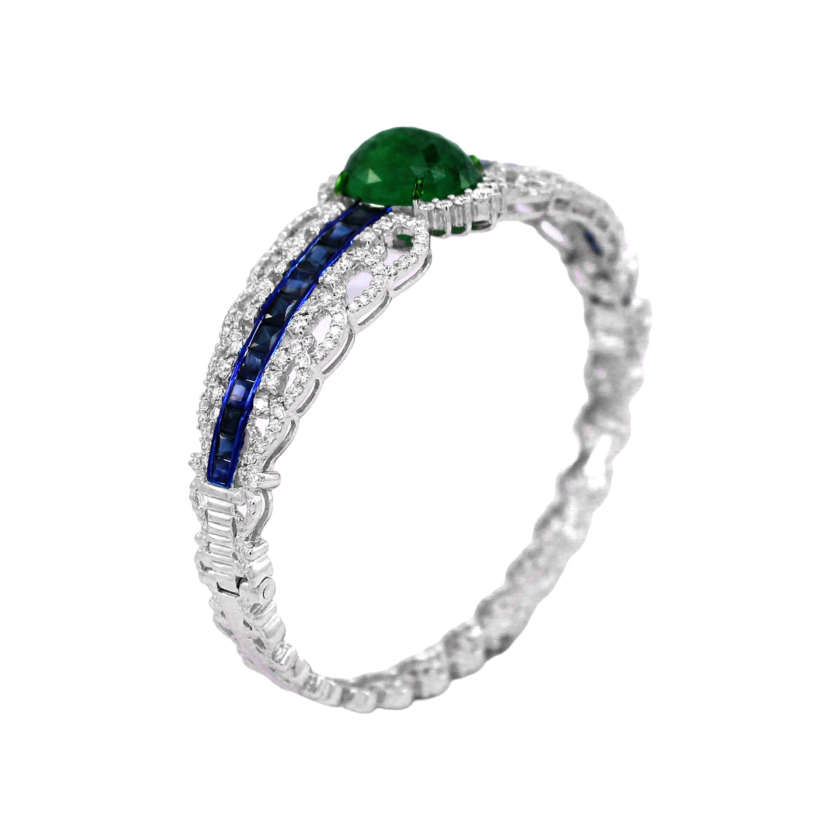 18K White Gold Oval Emerald and  Sapphire Vintage Bracelet