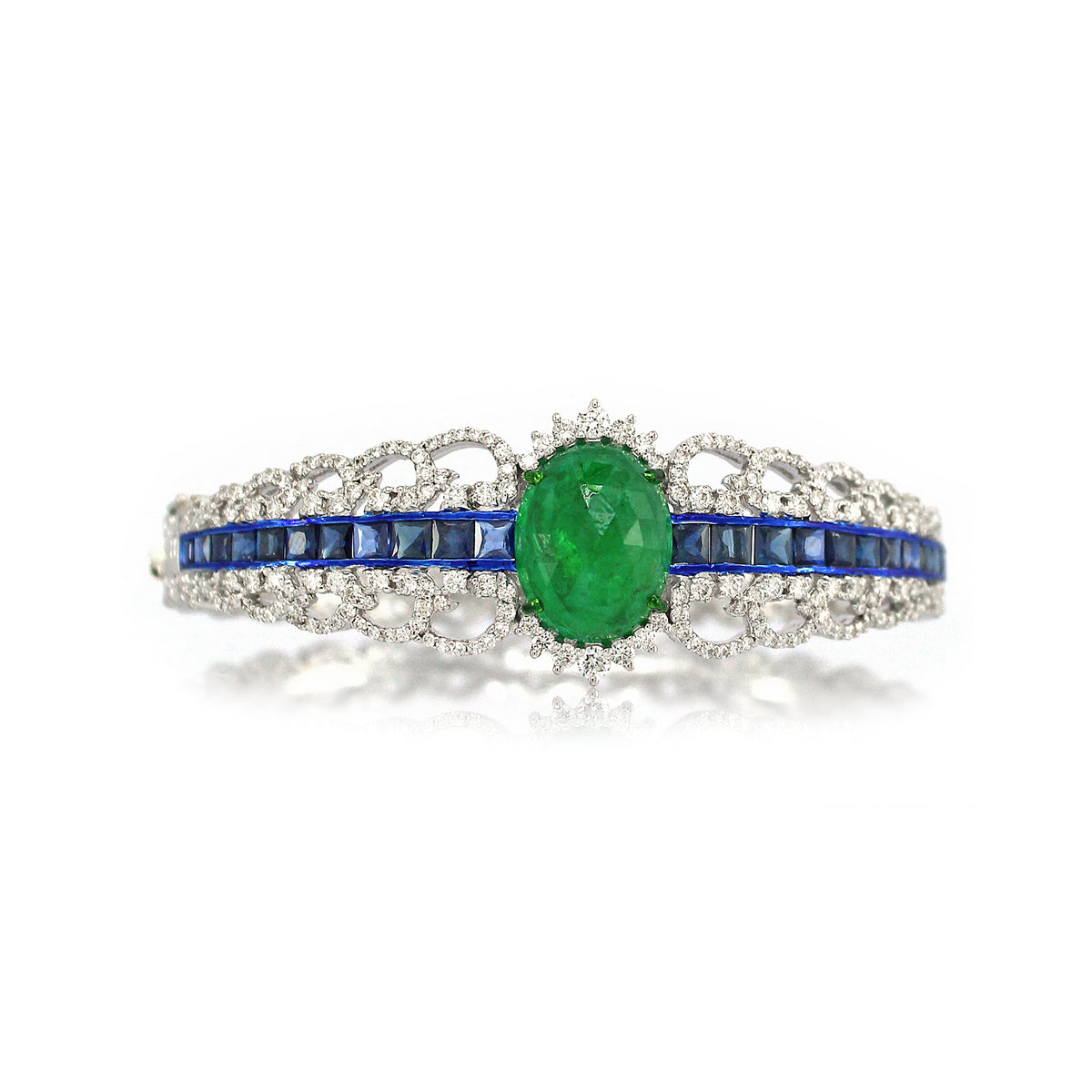 18K White Gold Oval Emerald and  Sapphire Vintage Bracelet