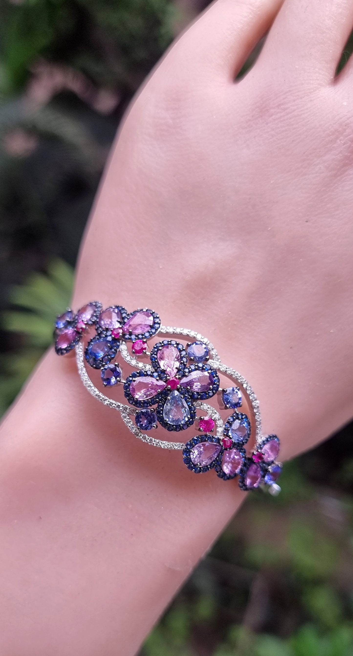 18K Floral Sapphire and Tanzanite Cuff Bracelet