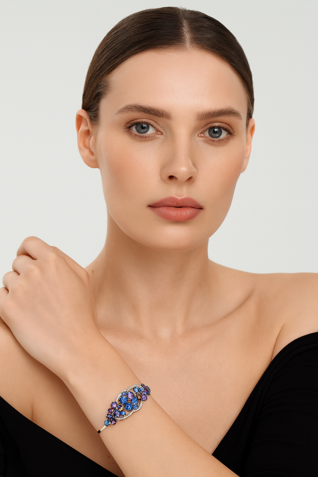 18K Floral Sapphire and Tanzanite Cuff Bracelet