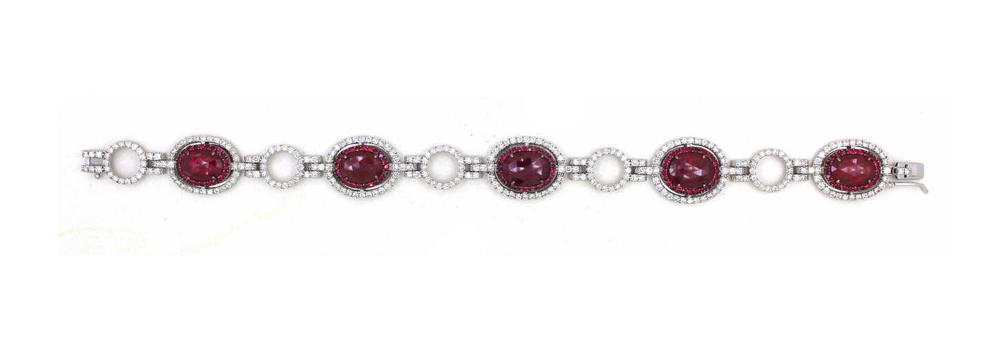 18K White Diamond oval Ruby Halo Bracelet