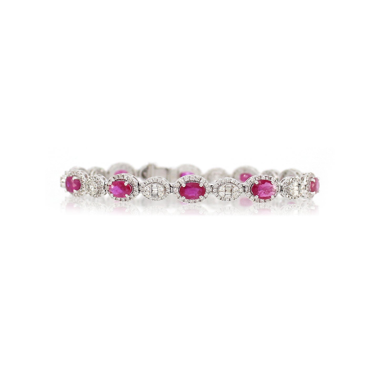 14K White Diamond Oval Ruby Halo Bracelet