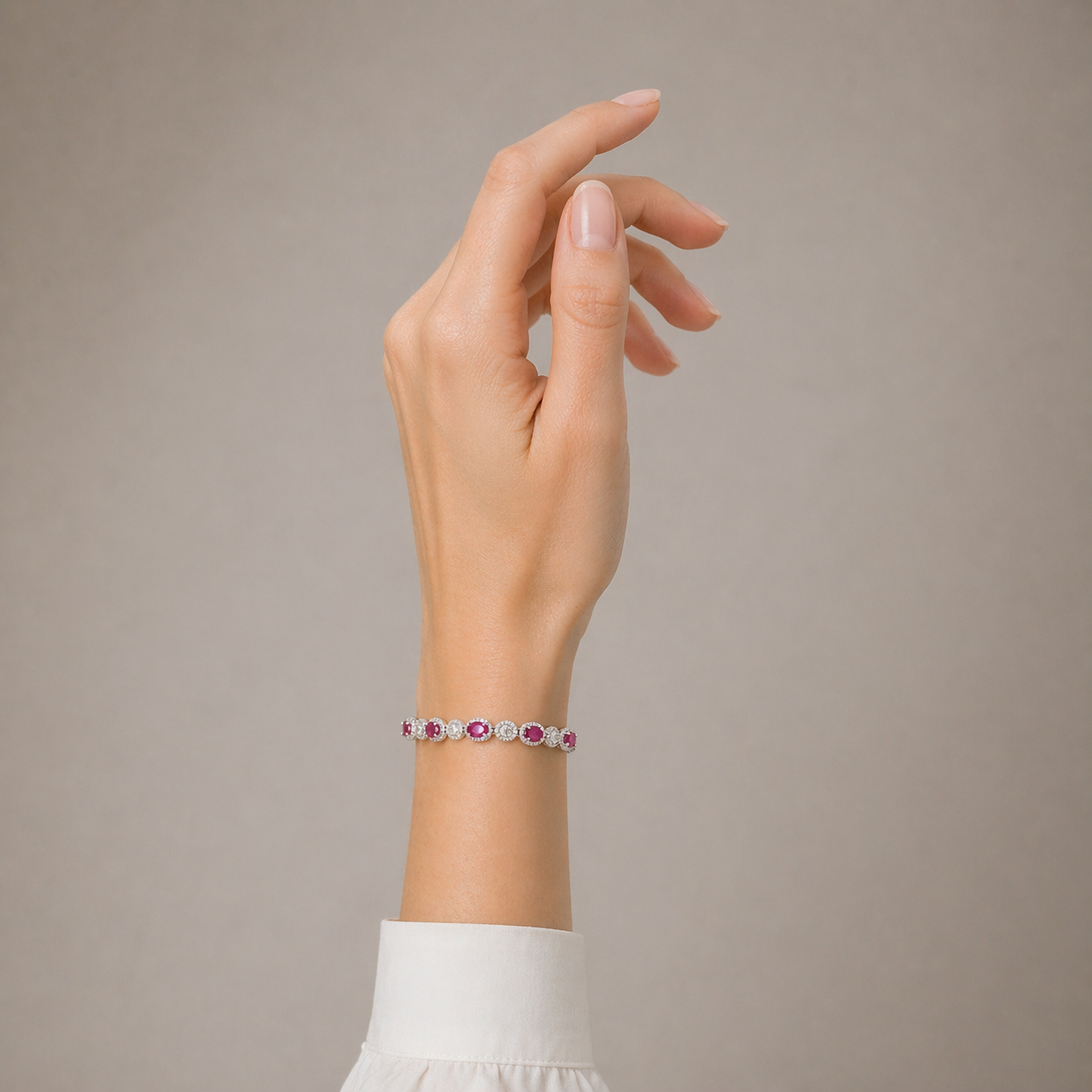 14K White Diamond Oval Ruby Halo Bracelet