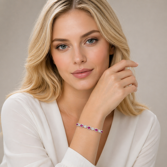14K White Diamond Oval Ruby Halo Bracelet