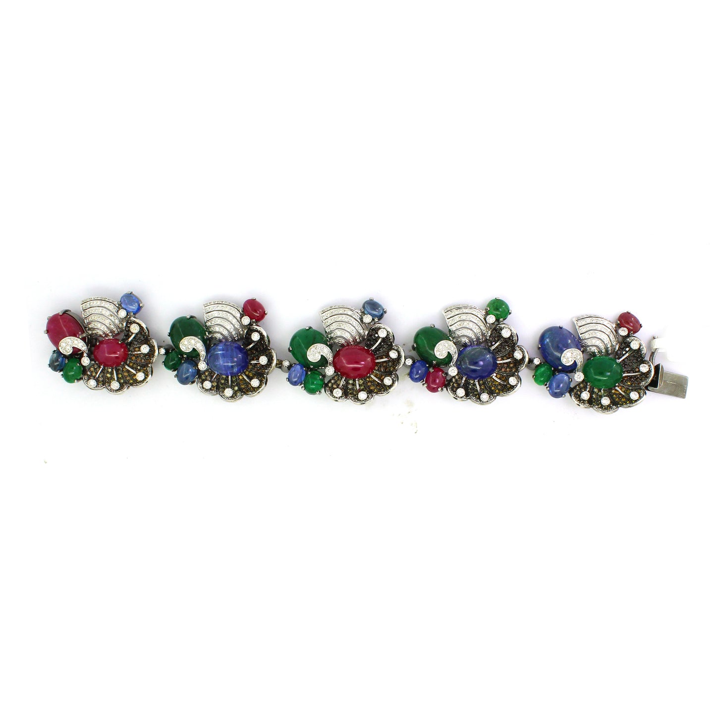 18K White Diamond Sapphire Ruby Emerald Floral Bracelet