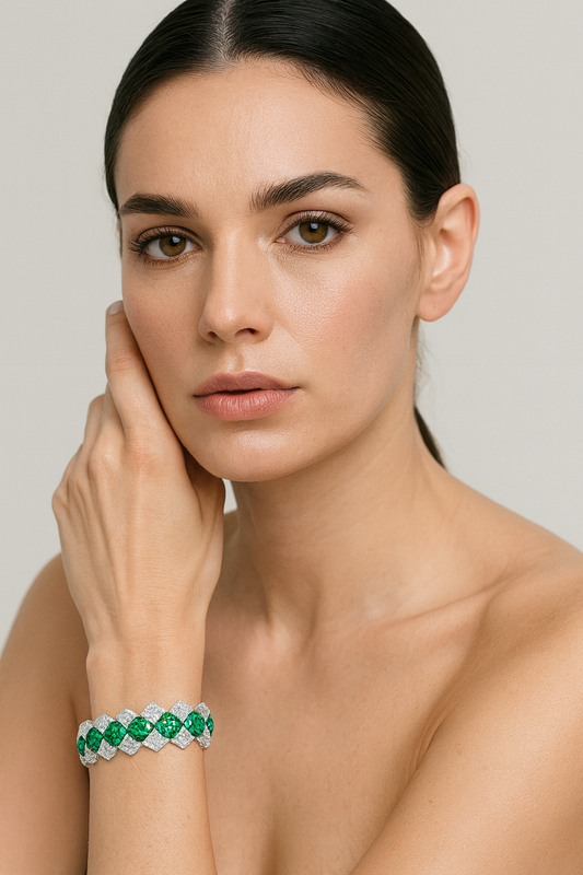 18K White Gold Emerald and Diamond Pave Bracelet