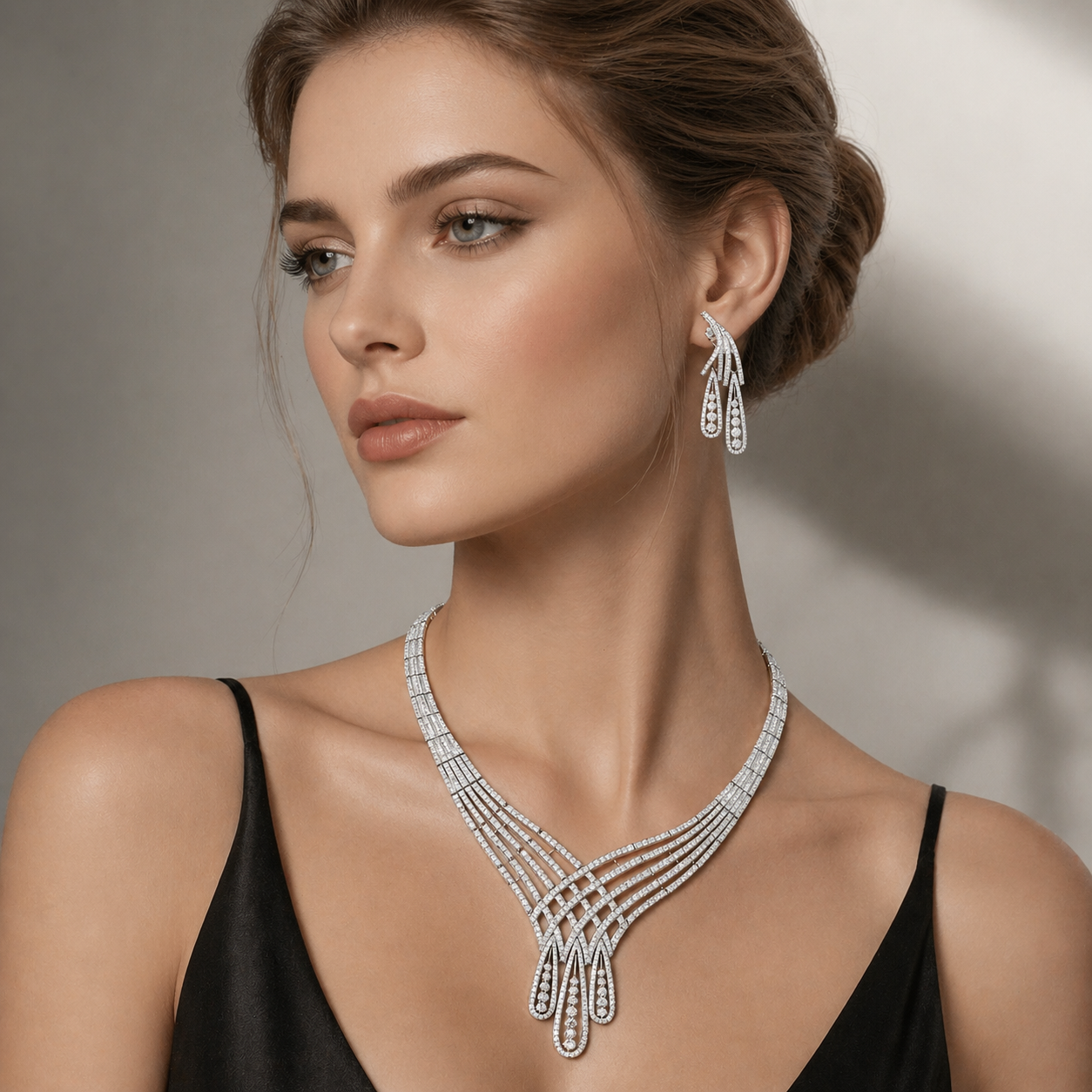 18K Gold White Diamond Modern Necklace with Drop Motif