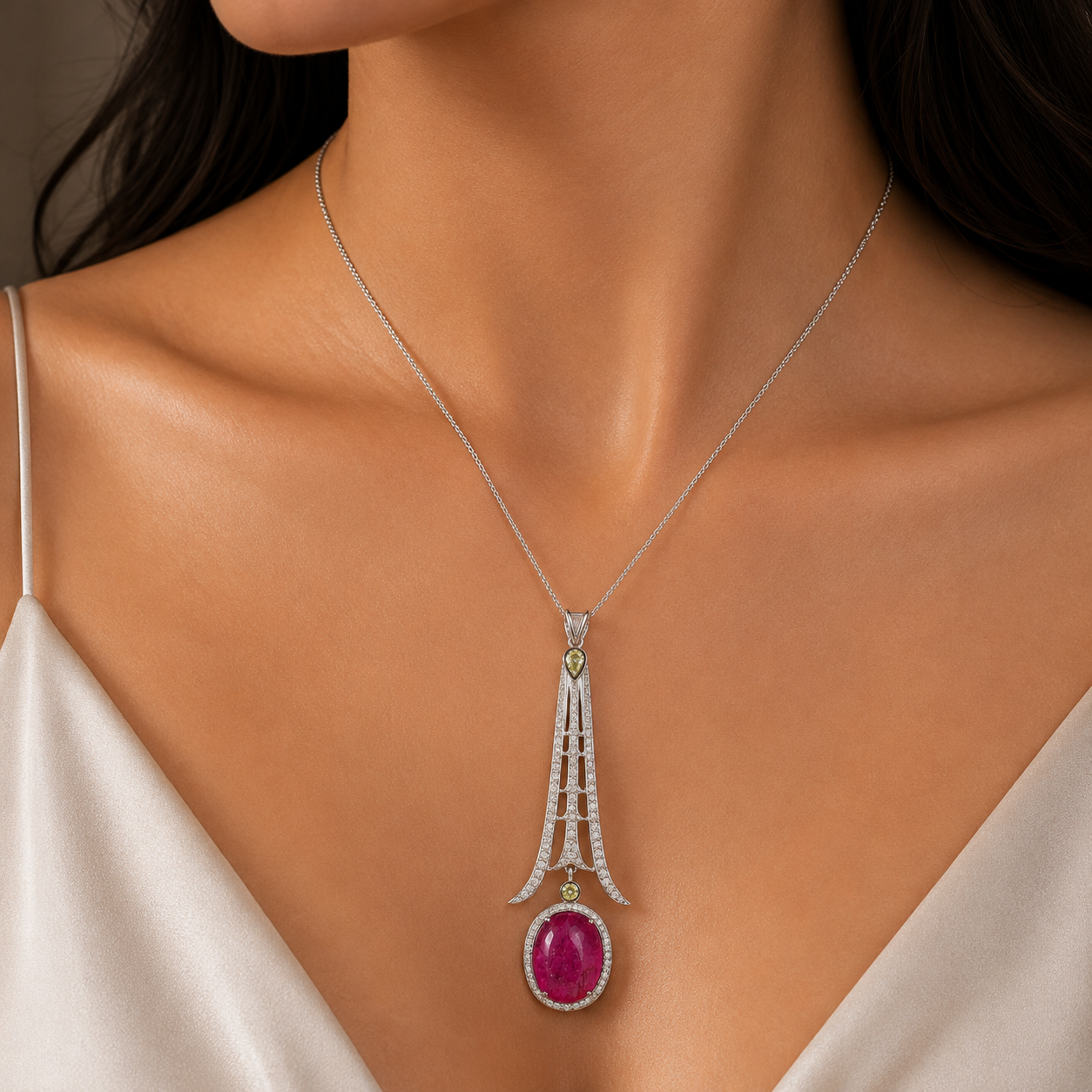 9.66 grams Oval Ruby with White Diamond Pendant in 18K Gold