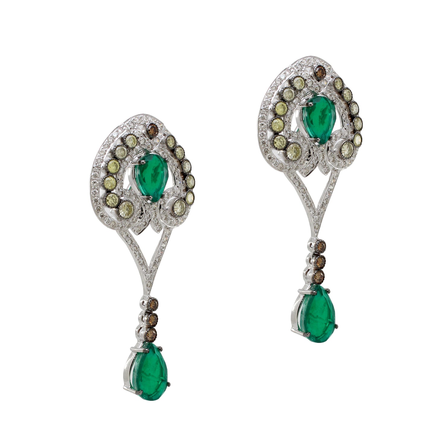 3.96 ct Pear Emerald with Mix Color Diamond Earrings in 18K Gold