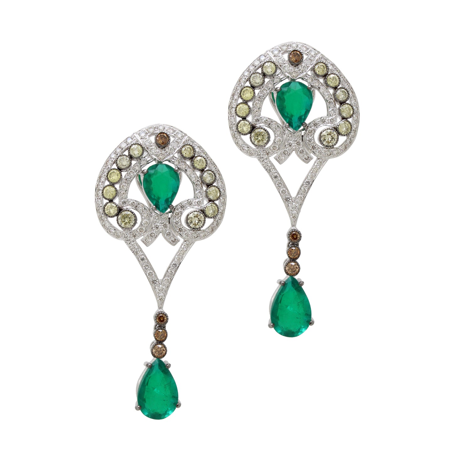 3.96 ct Pear Emerald with Mix Color Diamond Earrings in 18K Gold