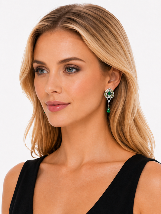 3.96 ct Pear Emerald with Mix Color Diamond Earrings in 18K Gold