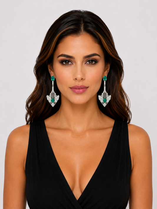 2.97 ct Oval Emerald with Mix Color Diamond Earrings in 18K Gold