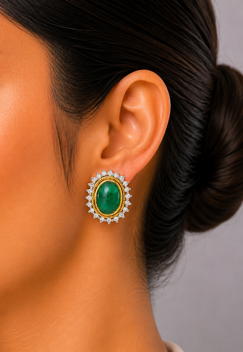 0.97 ct Oval Emerald with White Diamond Earrings in 18K Gold