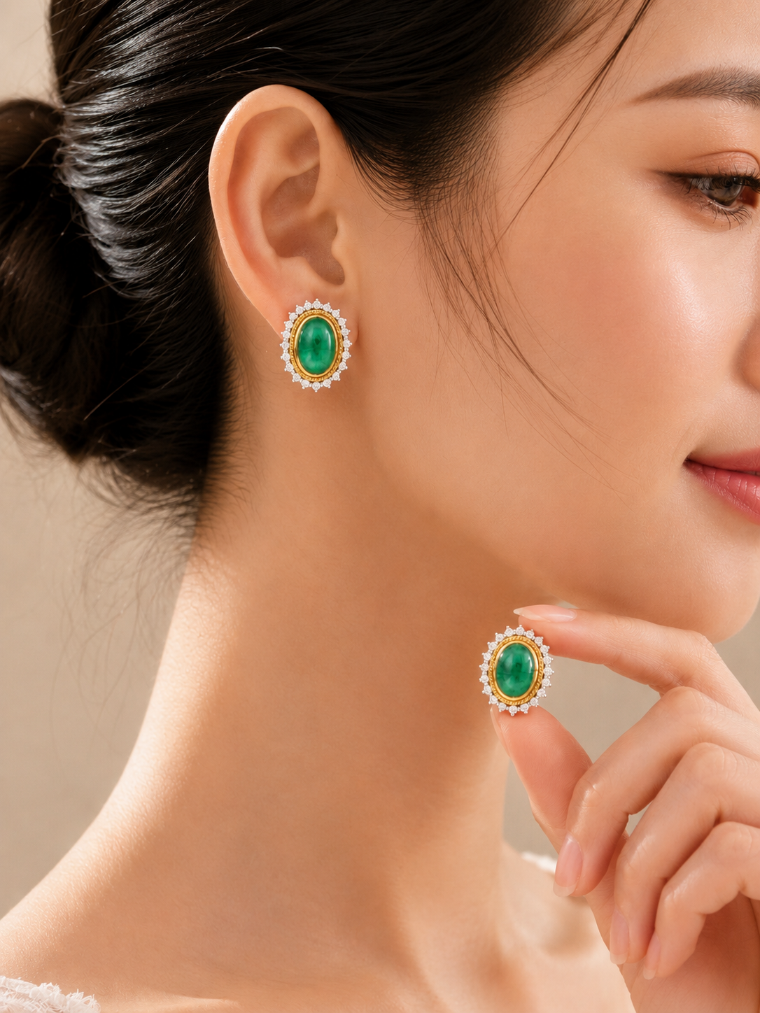 0.97 ct Oval Emerald with White Diamond Earrings in 18K Gold