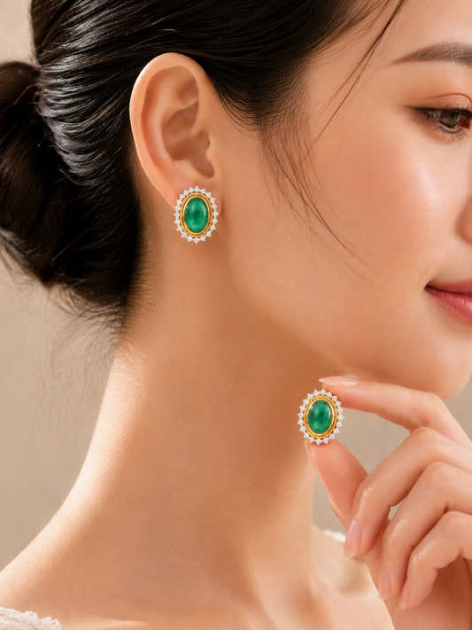 0.97 ct Oval Emerald with White Diamond Earrings in 18K Gold