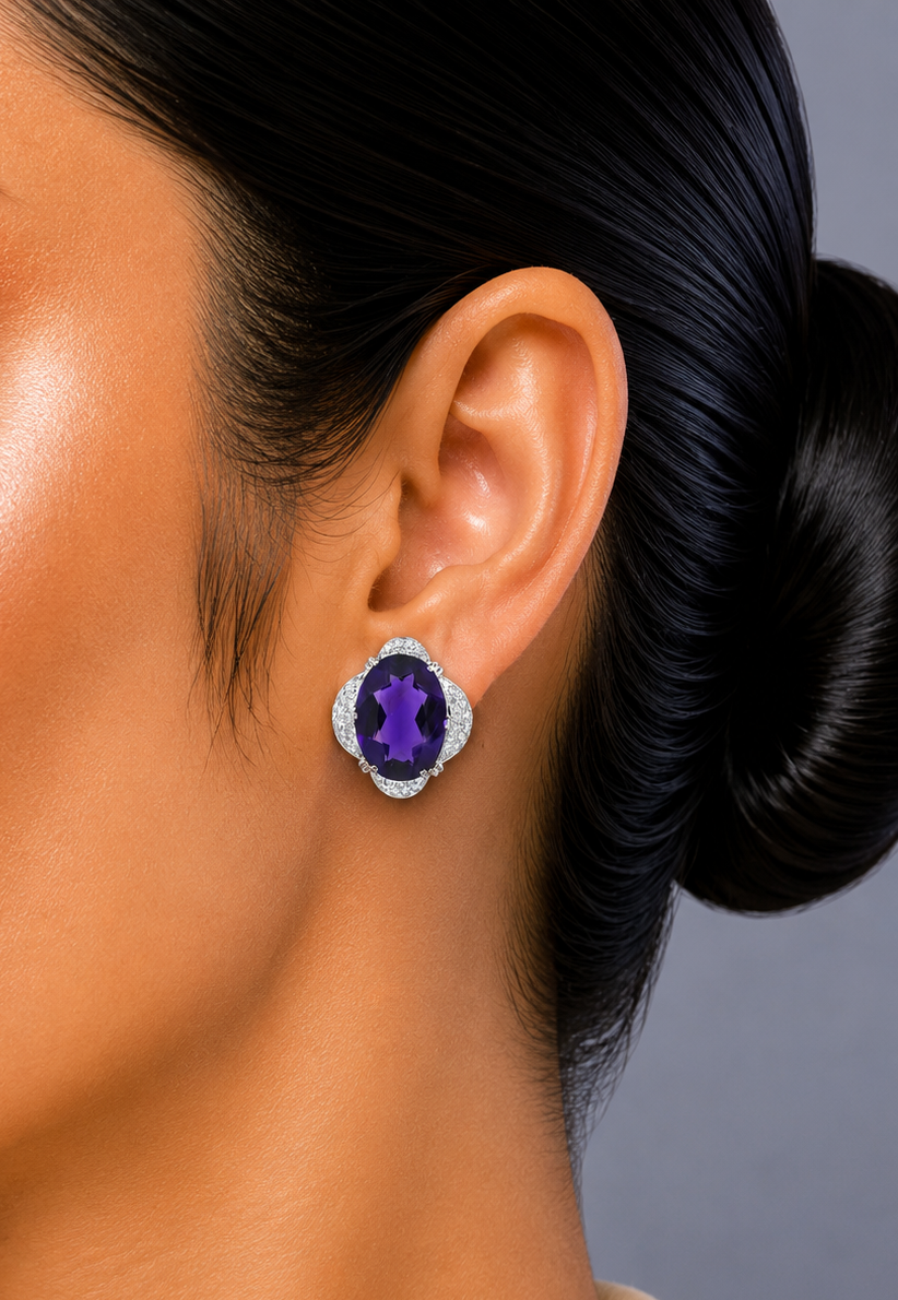 0.7 ct Oval Amethyst with White Diamond Earrings in 18K Gold