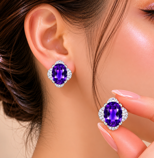 0.7 ct Oval Amethyst with White Diamond Earrings in 18K Gold