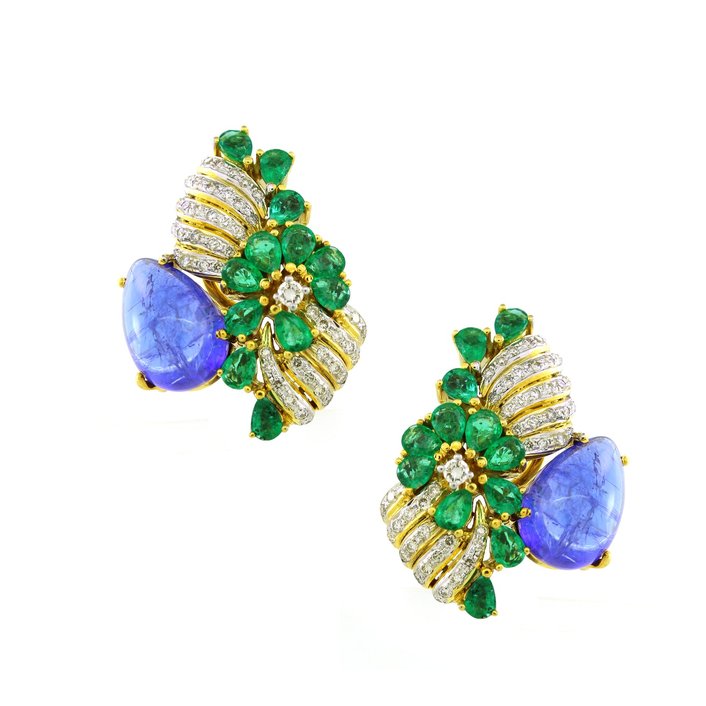 1.2 ct Round Tanzanite with White Diamond and Emerald Earrings in 18K Gold