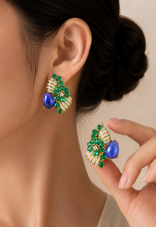 1.2 ct Round Tanzanite with White Diamond and Emerald Earrings in 18K Gold