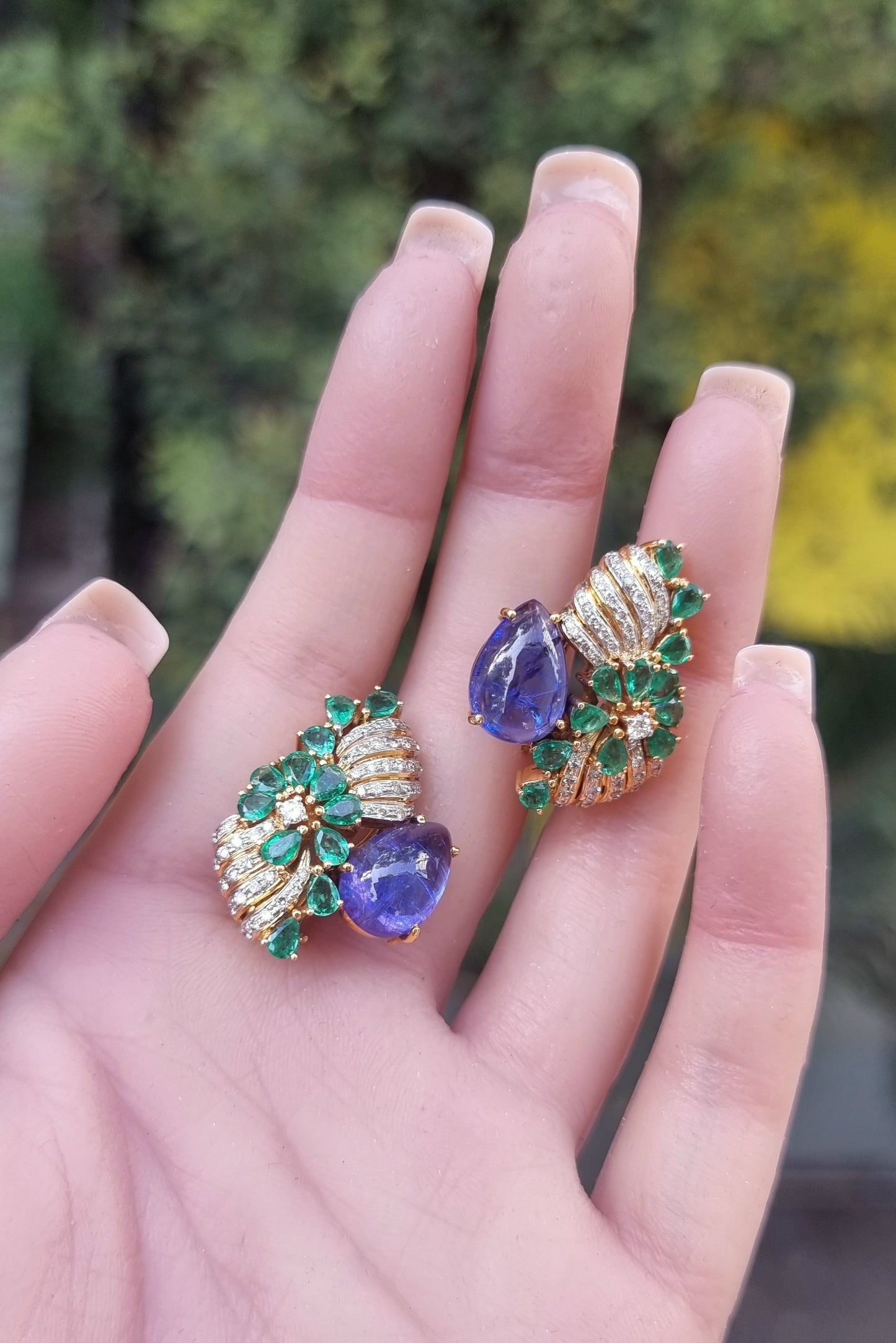 1.2 ct Round Tanzanite with White Diamond and Emerald Earrings in 18K Gold