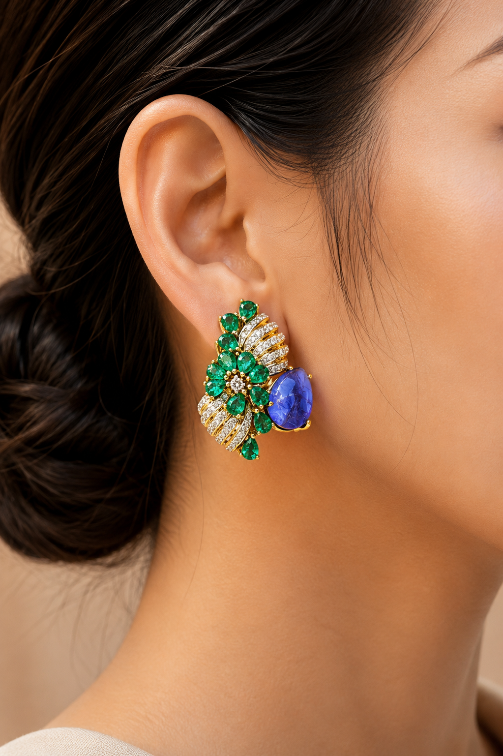 1.2 ct Round Tanzanite with White Diamond and Emerald Earrings in 18K Gold