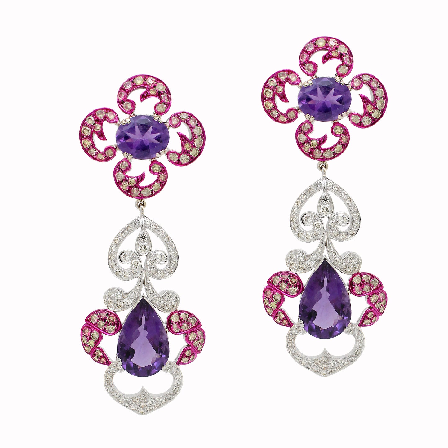 5.98 ct Pear Amethyst with Mix Color Diamond Earrings in 18K Gold