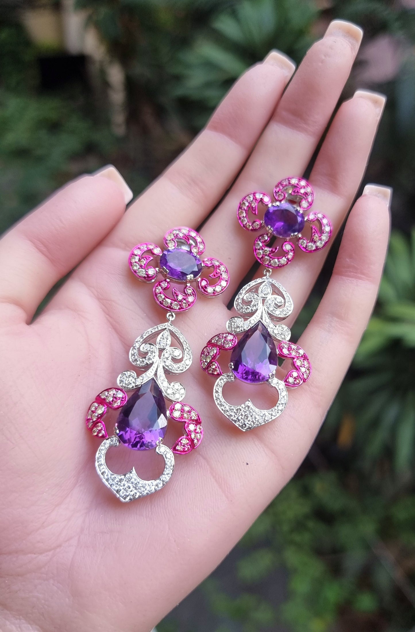5.98 ct Pear Amethyst with Mix Color Diamond Earrings in 18K Gold