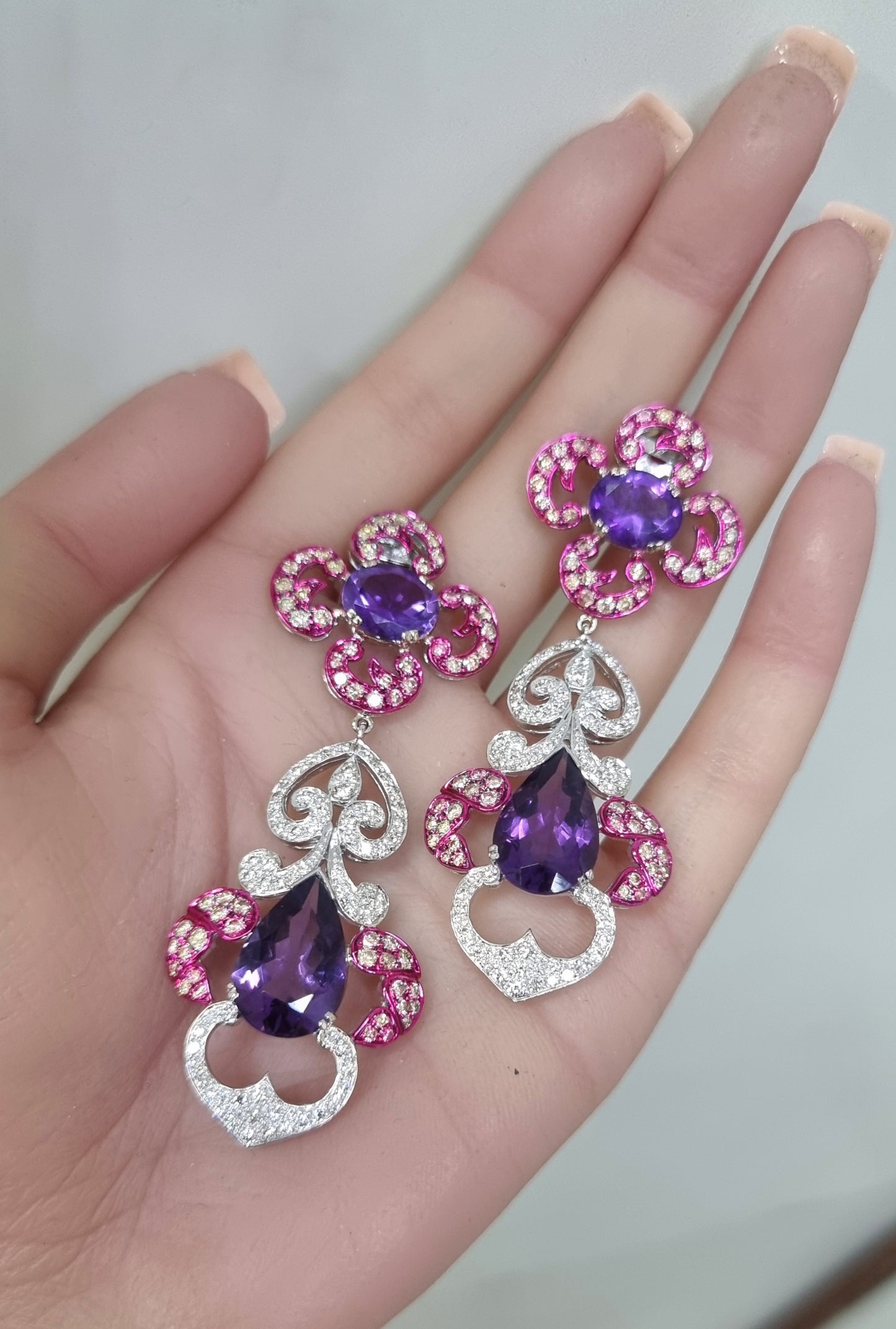 5.98 ct Pear Amethyst with Mix Color Diamond Earrings in 18K Gold